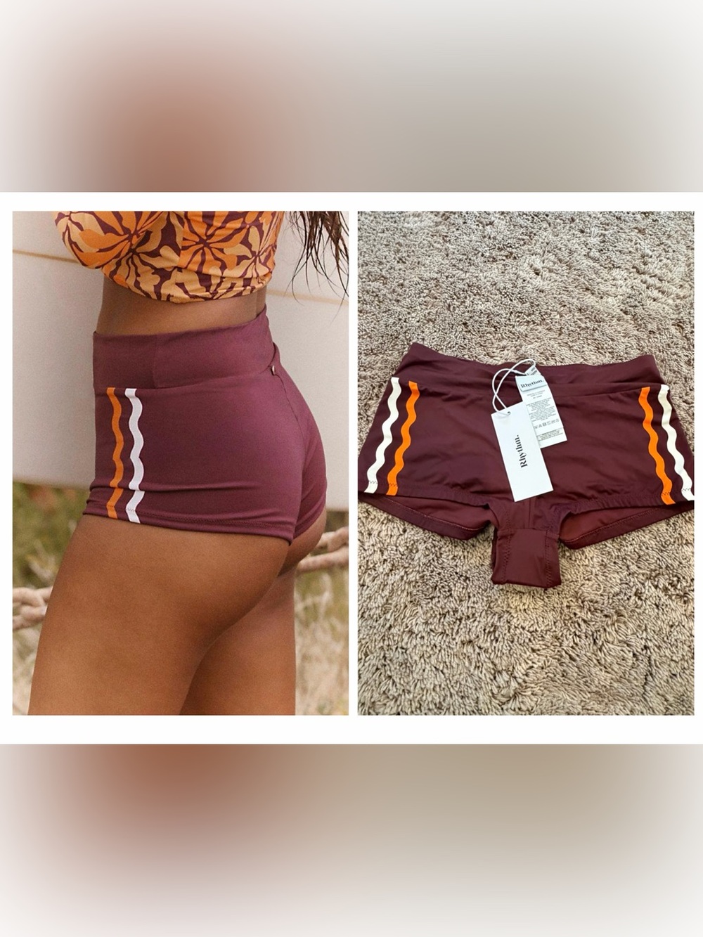 NWT new small rhythm High waist surf boy shorts bottoms brown wavy stripe